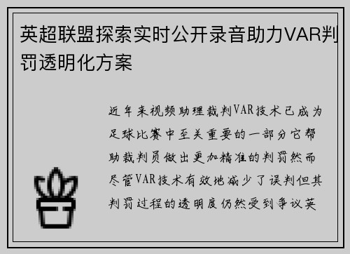 英超联盟探索实时公开录音助力VAR判罚透明化方案 英超联盟探索实时公开录音助力VAR判罚透明化方案